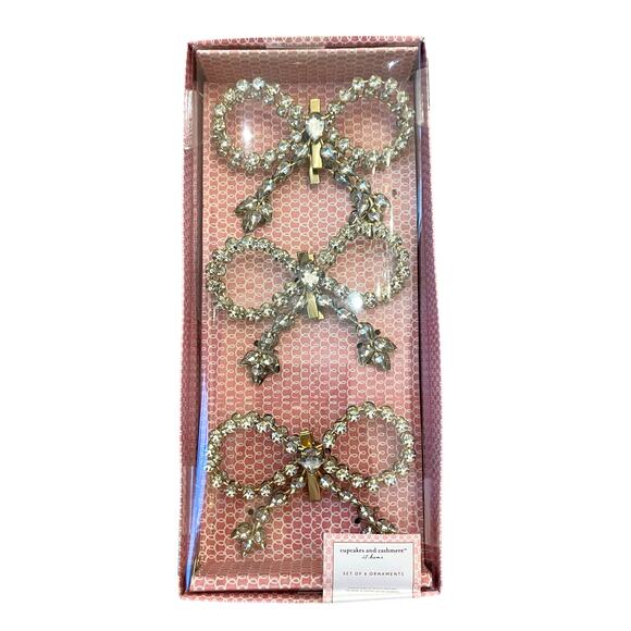 6pc Cupcakes & Cashmere Rhinestone Gold Bow Christmas Tree Clip Ornaments New - Picture 8 of 10